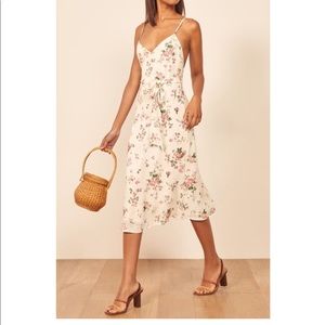 Reformation Dietrich Midi Slip Dress with Tie Sash Floral White Pink Size 8